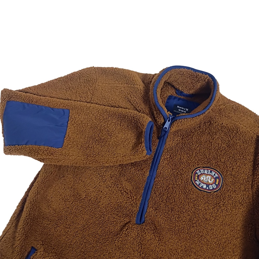 Hurley Outlaw Rattler Sherpa Fleece Mens Medium Teddy Bear 1/2 Zip Bronze Blue